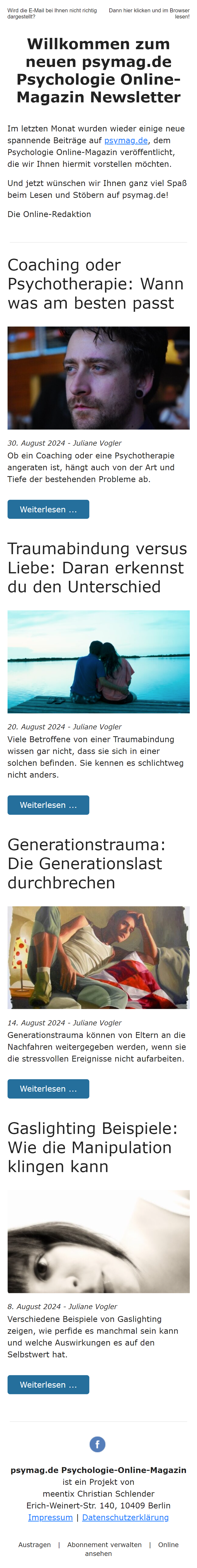 Ein Newsletter des Psymag mit Bildern.