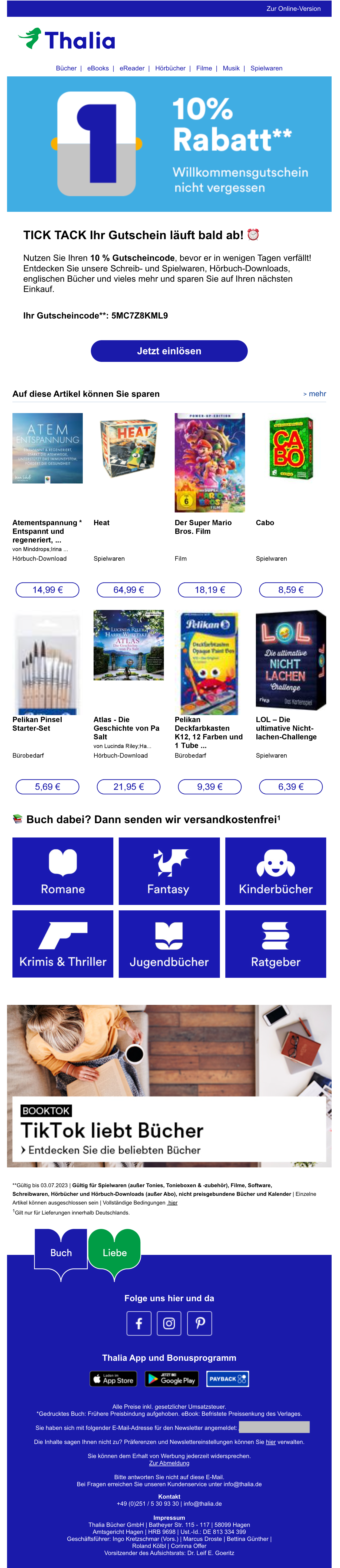 Beispiel für einen personenbezogenen Gutscheincode von Thalia