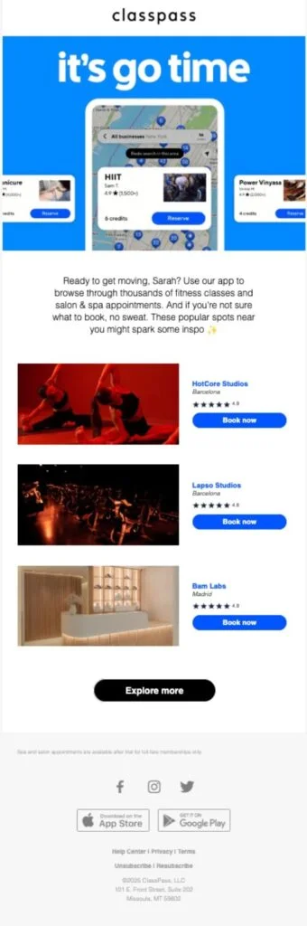 ClassPass welcome email with personalized intro and local class booking CTA.