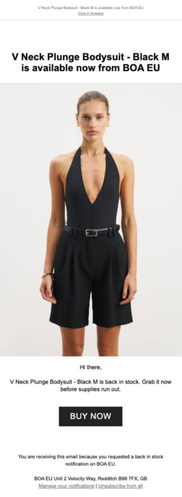 Back in stock email showing a black bodysuit and direct CTA.