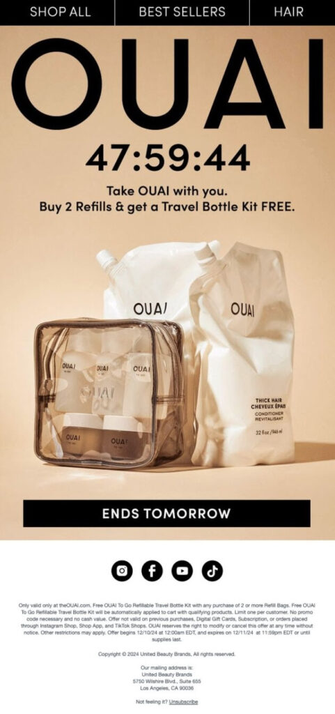 OUAI upsell email offering a free gift with purchase.