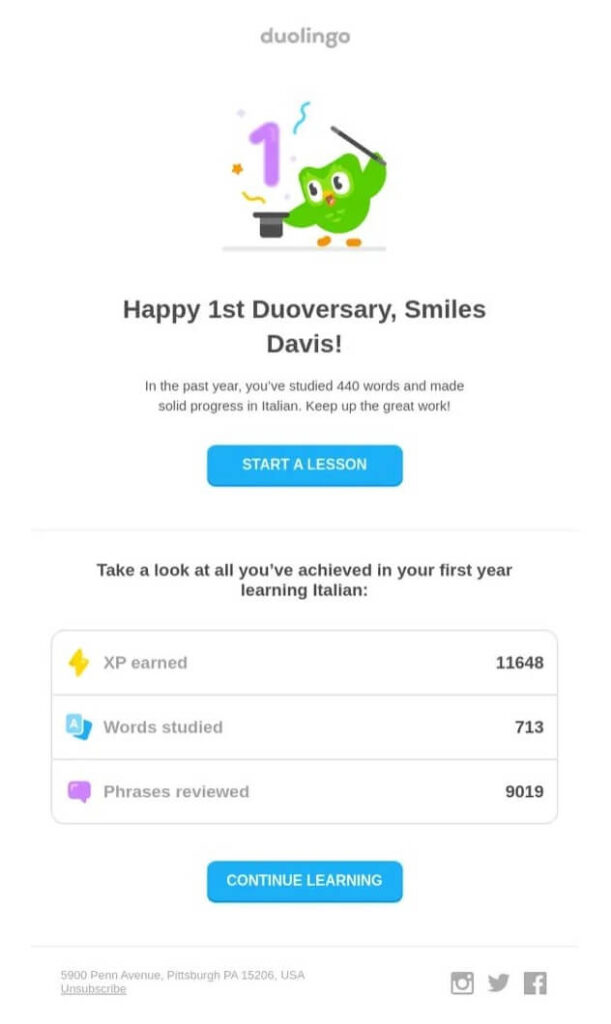Duolingo 1-year anniversary email with user stats.