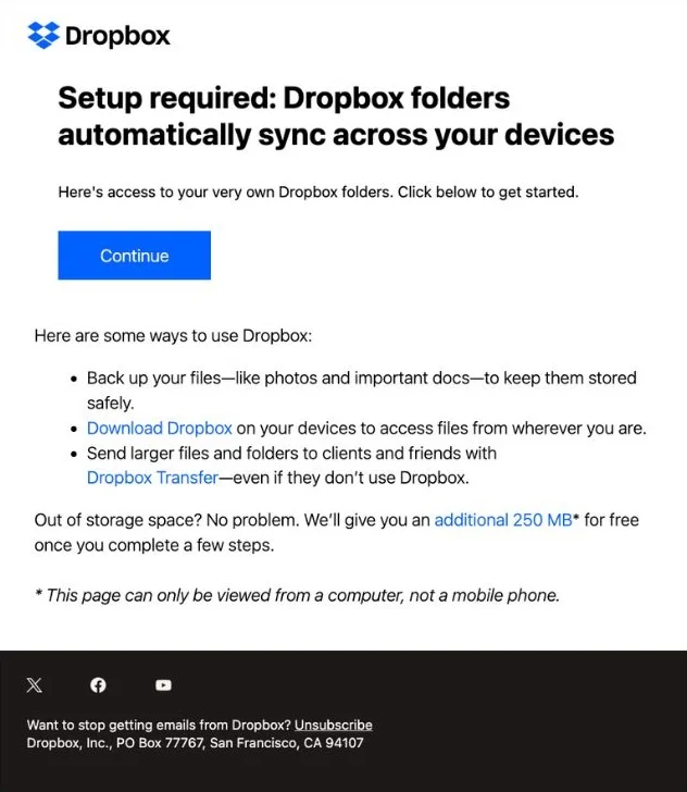 Dropbox onboarding email example prompting users to complete their folder setup.