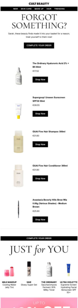 Cult Beauty abandoned cart email example with product images.
