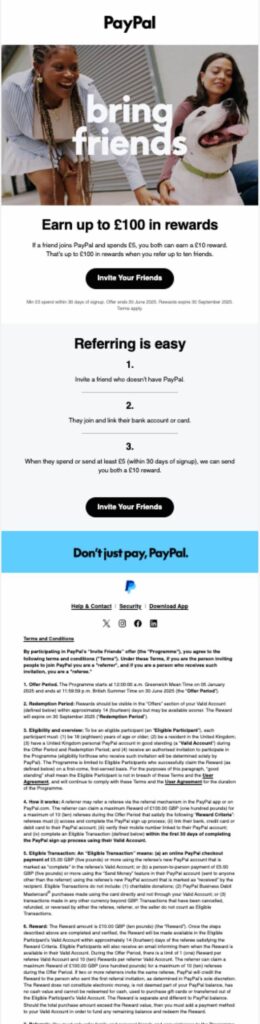 PayPal referral email offering a reward for each friend who joins.