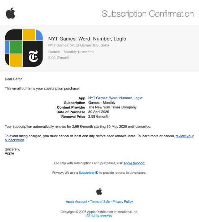 Apple transactional email confirming NYT Games subscription. 