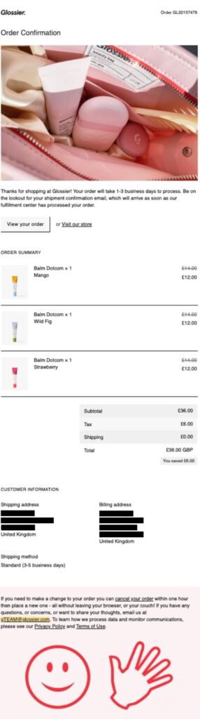 Glossier order confirmation email with receipt.