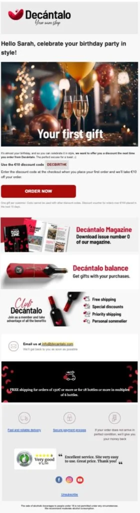 Decántalo birthday email example, offering a special discount. 