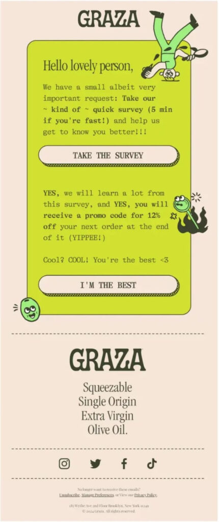 Graza feedback email offering a discount in exchange for survey participation.