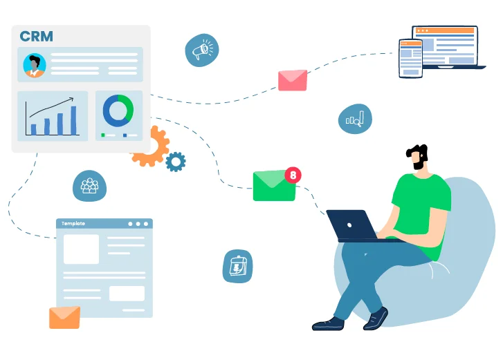 Illustration représentant les connexions existantes entre l'email, le CRM, et les différents outils de relation client
