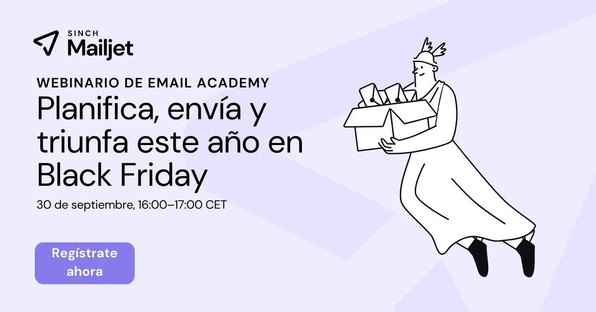Banner del webinario de Email Academy de Mailjet para promocionar una sesión de planificación de campañas de BFCM y de la temporada navideña, con un personaje ilustrado que sostiene una caja de correos electrónicos y un botón de inscripción