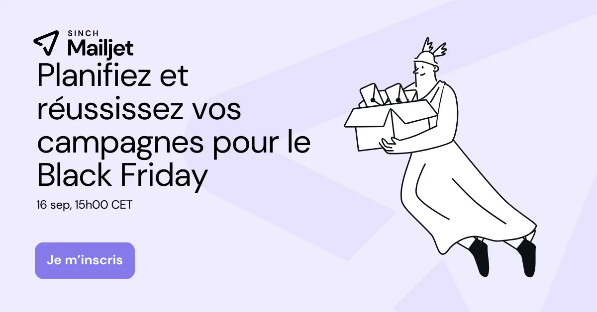 Bannière du webinar Email Academy de Mailjet promouvant une session de planification de campagne pour Black Friday, Cyber Monday et les fêtes de fin d'année, avec un personnage illustré tenant une boîte d'emails et un bouton d'inscription.