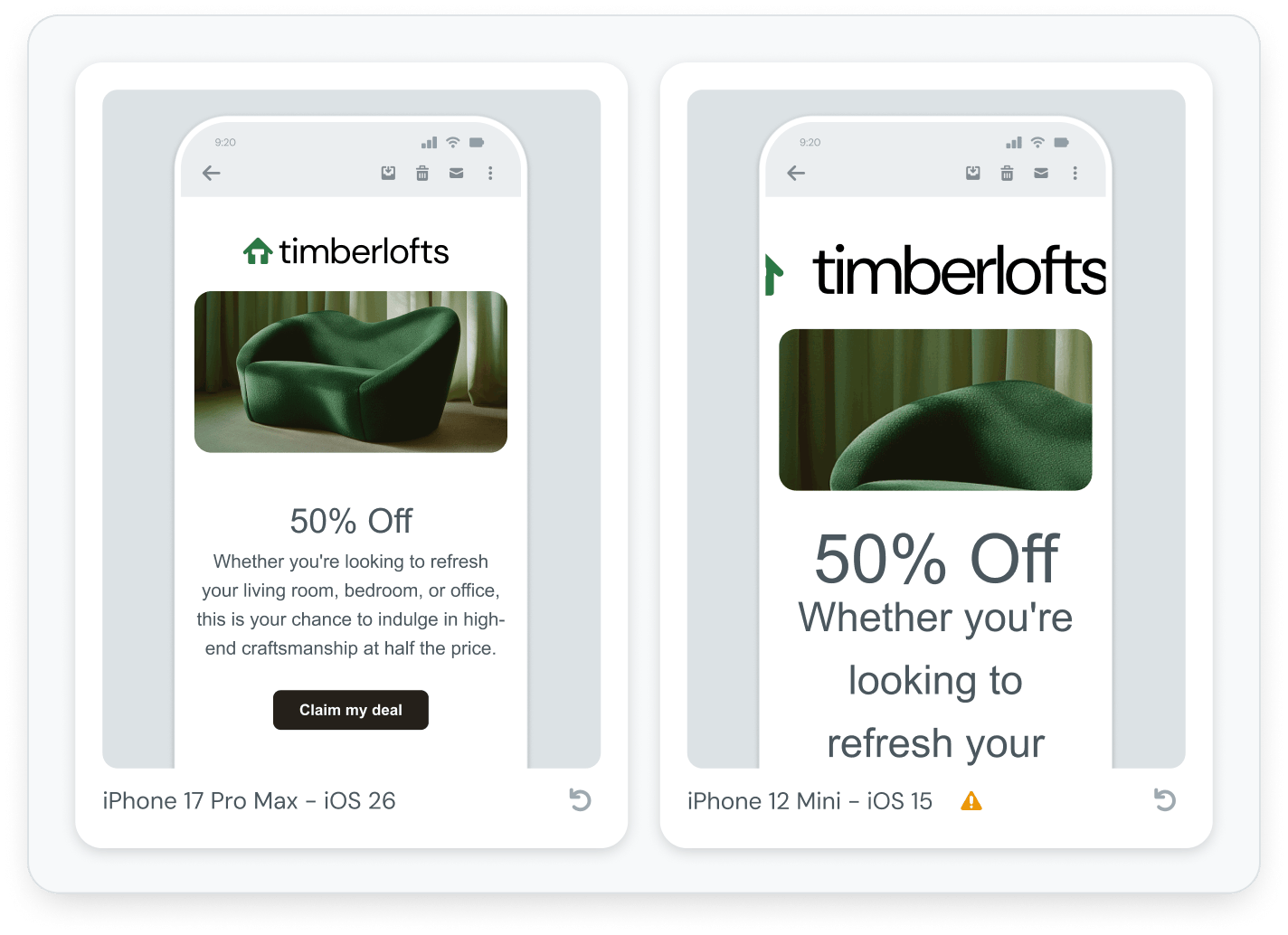 Email preview test in Mailjet comparing how the same 50% Off furniture promotion displays on iPhone 17 Pro Max and iPhone 12 Mini, showing rendering differences that can cause design errors.