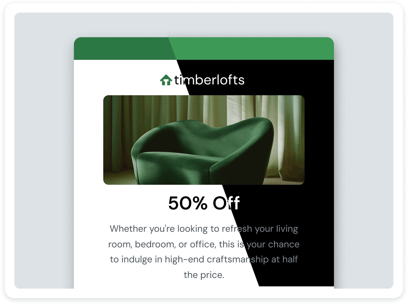 Email preview in Mailjet with dark mode enabled, showing a 50% Off furniture sale design to test readability in different themes.
