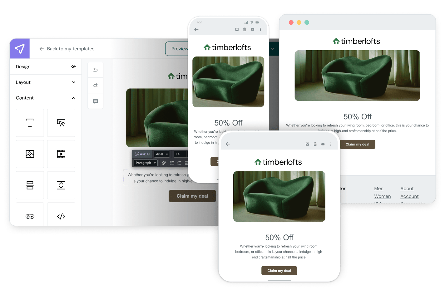 Email preview in Mailjet showing a promotional template with 50% Off furniture sale displayed across desktop, tablet, and mobile devices.