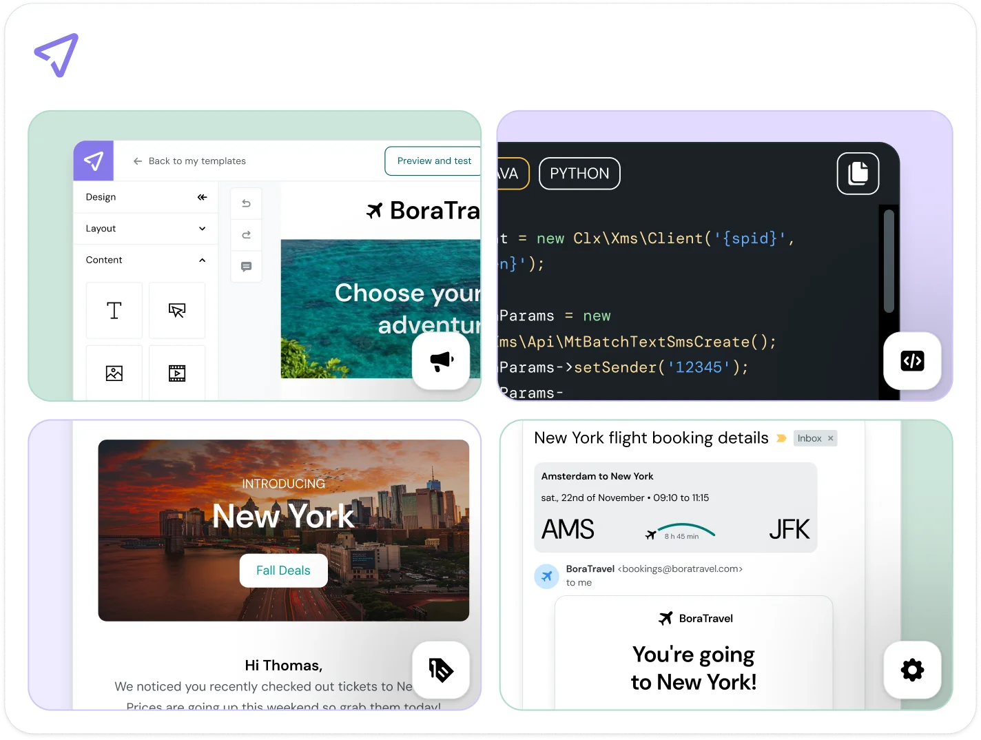 Example of transactional email messages with API code snippet in Mailjet, showing welcome, password reset, and ride receipt emails.
