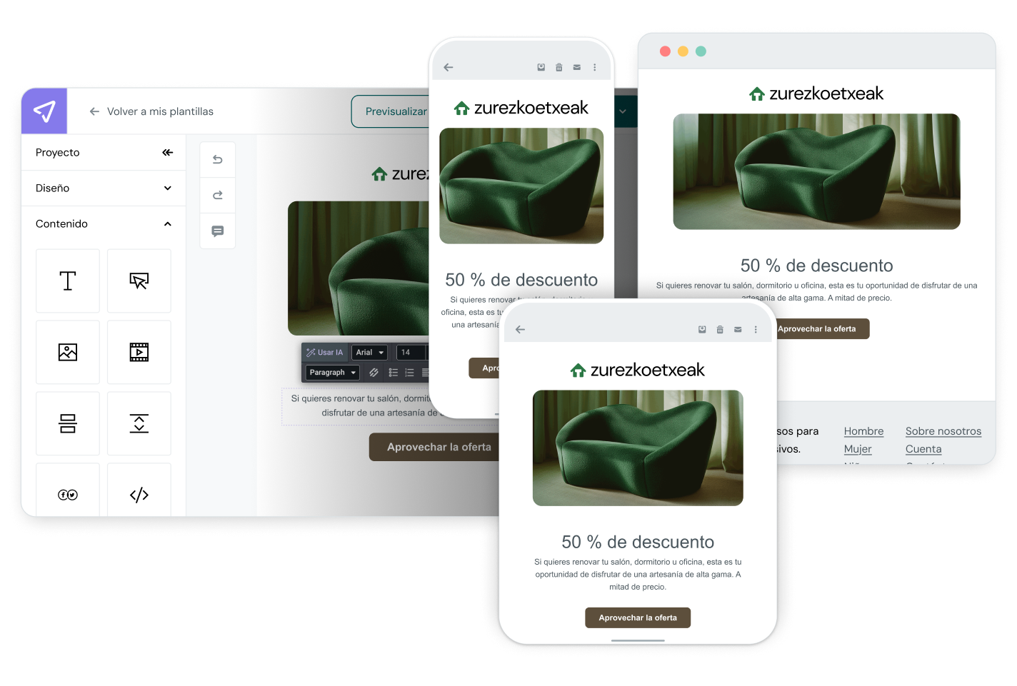 Previsualización de plantilla de email responsive con una promoción de verano mostrada en pantallas de ordenador y móviles en el creador de emails de Mailjet.