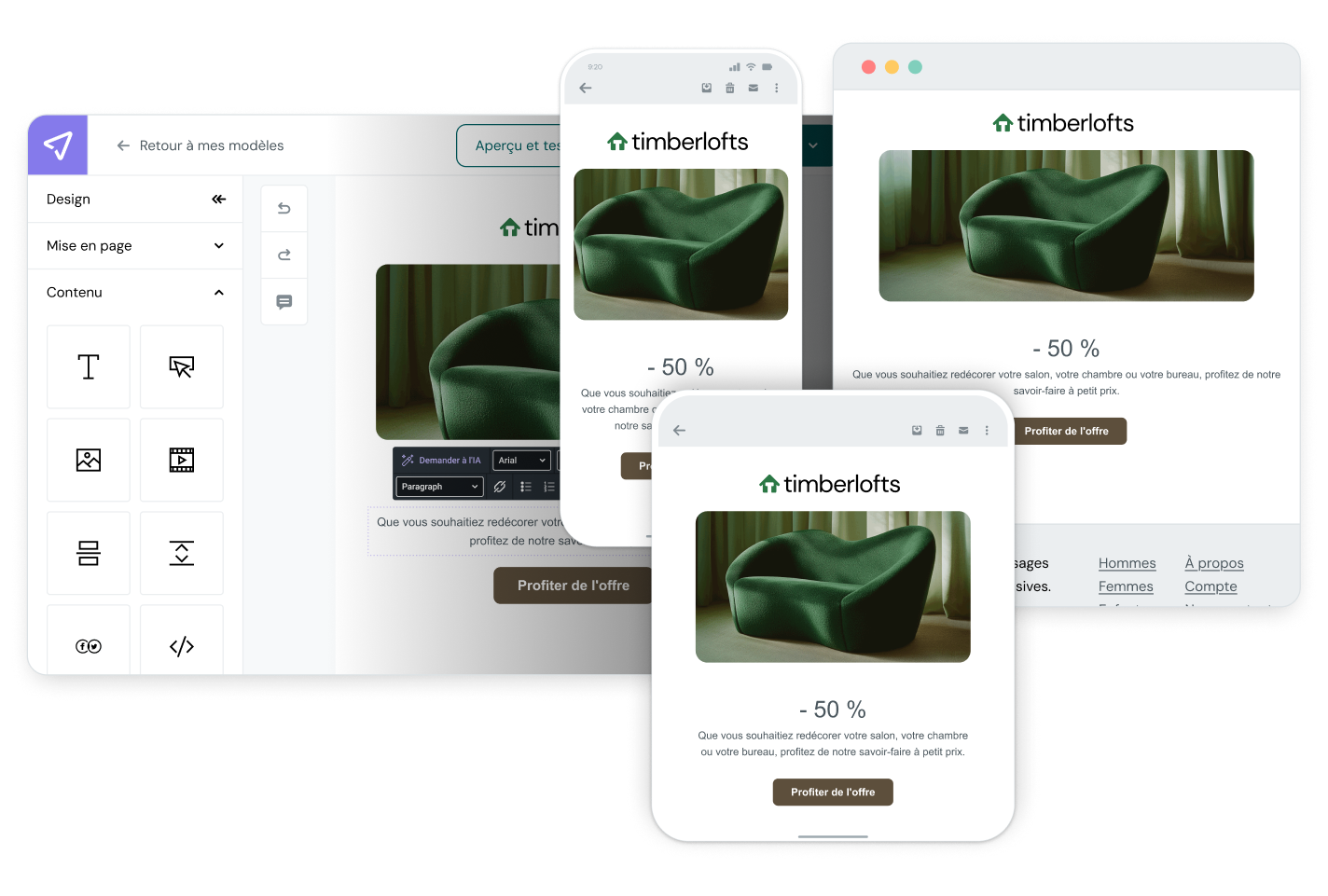 Prévisualisation d'email en responsive design avec une promotion estivale affichée sur écran d'ordinateur et d'appareil mobile dans l'outil de création d'emails de Mailjet.