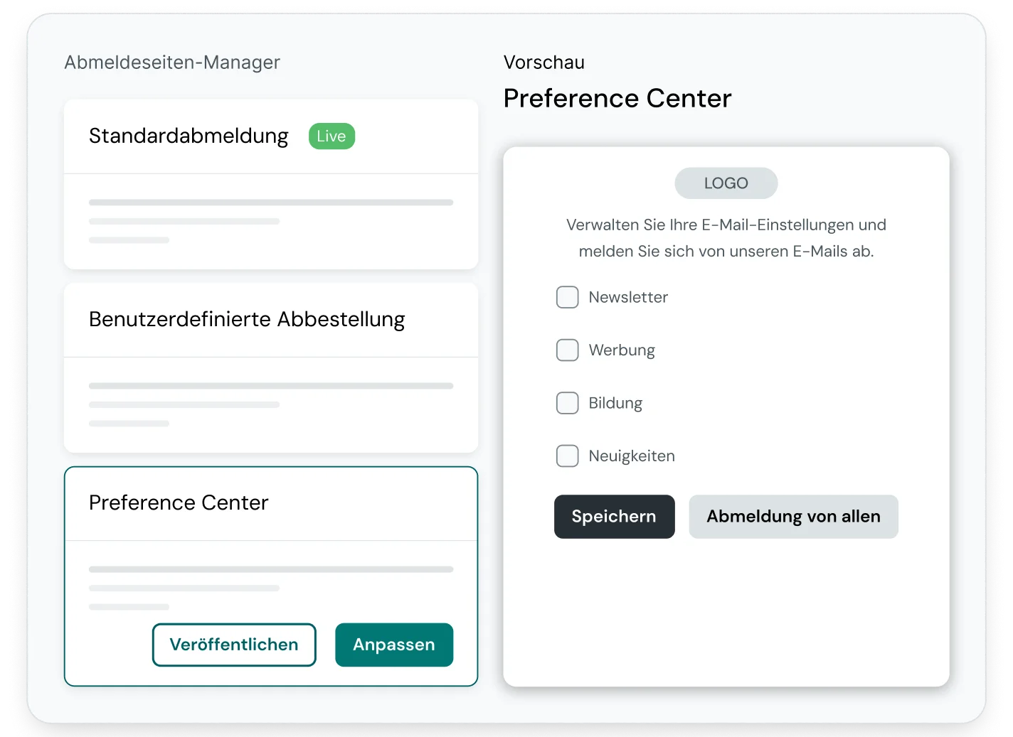 Mailjet Preference Center editor showing unsubscribe options for newsletters, promotions, education, and news emails with Save and Unsubscribe buttons.