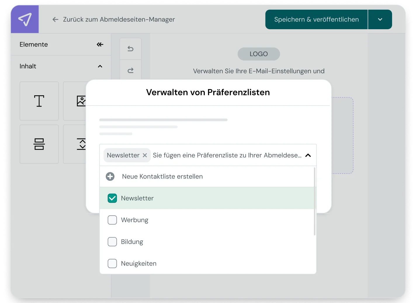 Mailjet Preference Center interface displaying the Manage Preference Lists popup to add or edit contact lists like newsletters, promotions, education, and news.