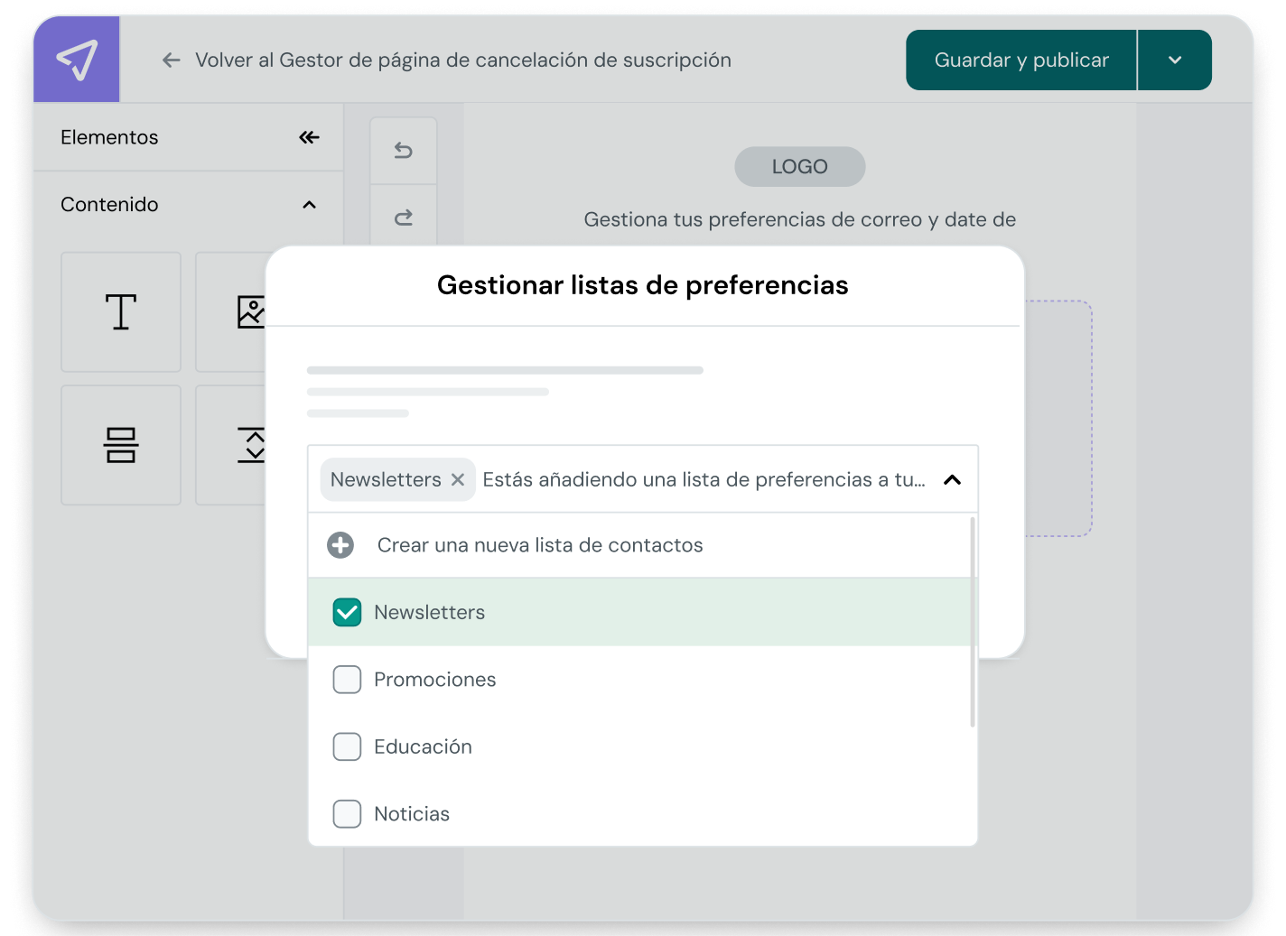 Mailjet Preference Center interface displaying the Manage Preference Lists popup to add or edit contact lists like newsletters, promotions, education, and news.