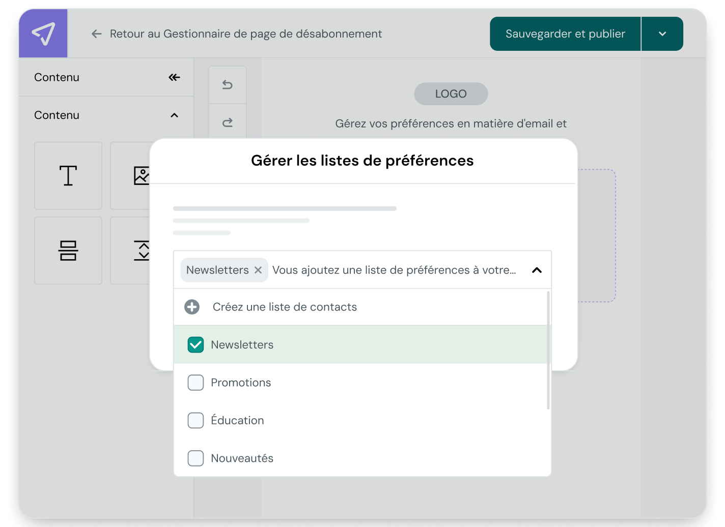 Mailjet Preference Center interface displaying the Manage Preference Lists popup to add or edit contact lists like newsletters, promotions, education, and news.