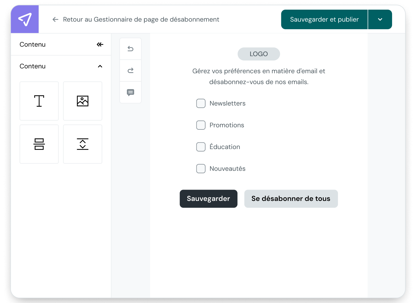 Mailjet Unsubscribe Page Manager preview showing options for Default Unsubscribe, Custom Unsubscribe, and Preference Center layouts with publish and customize buttons.
