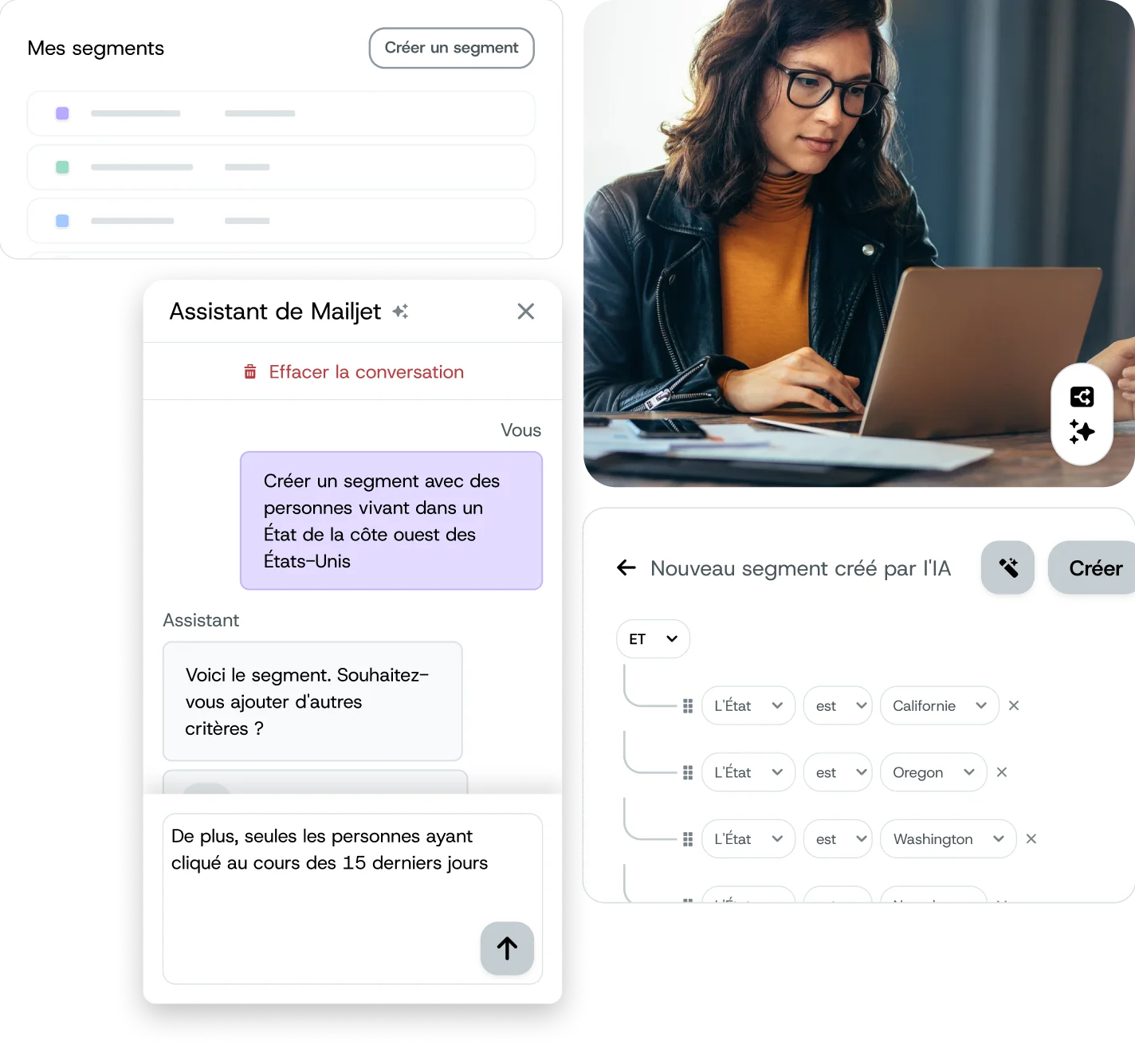 Interface de l’assistant IA de Mailjet montrant la création d’un segment d’email marketing pour les utilisateurs en Californie, Oregon et Washington ayant cliqué au cours des 15 derniers jours, avec un marketeur travaillant sur un ordinateur portable.