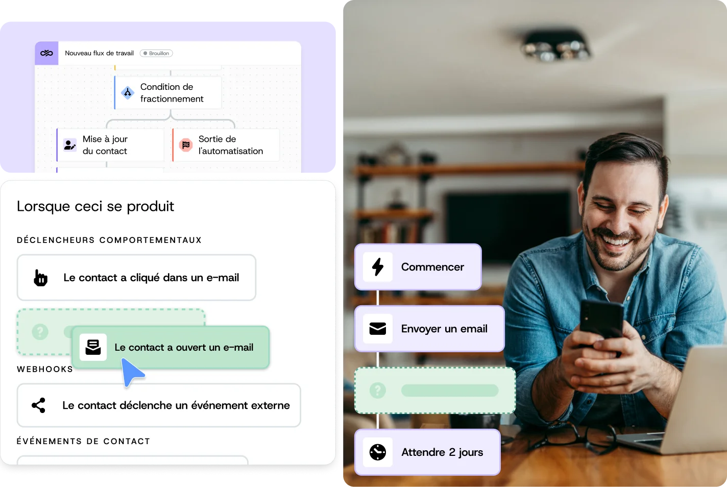Mailjet advanced automation workflow builder showing a trigger for when a contact opens or clicks an email, with steps to start, send an email, and wait two days, displayed next to a marketer smiling while using a smartphone and laptop.