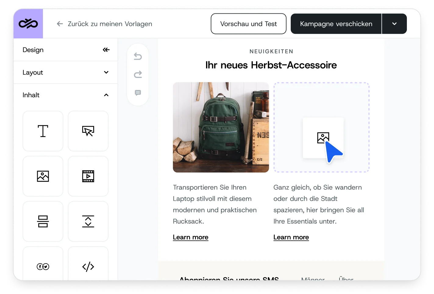 Der E-Mail-Editor von Mailjet mit Drag-and-drop-Funktion.