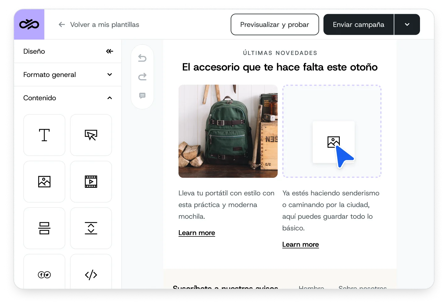 El editor de emails de arrastrar y soltar de Mailjet.