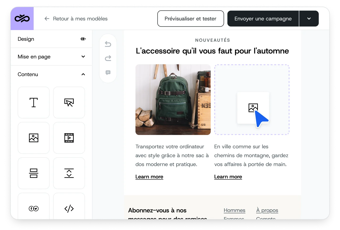 L’éditeur d’emails en « drag-and-drop » de Mailjet.