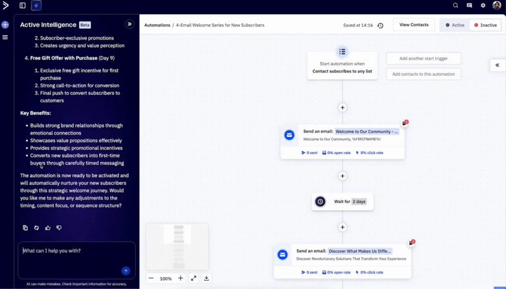 Screenshot of the ActiveCampaign automation builder, showing a welcome series workflow triggered by a new subscriber, with email and wait steps alongside the Active Intelligence AI assistant panel.