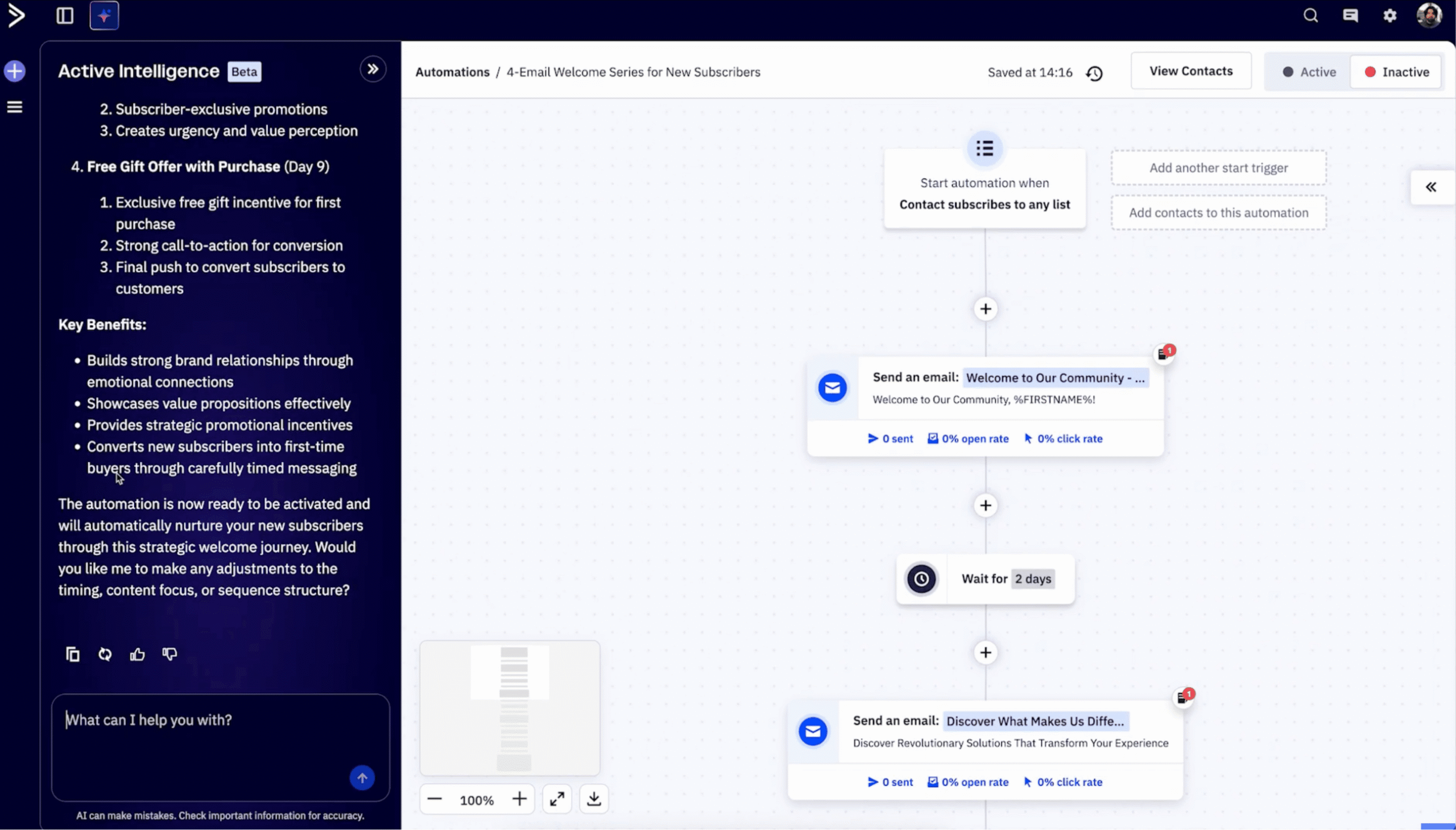 Screenshot of the ActiveCampaign automation builder, showing a welcome series workflow triggered by a new subscriber, with email and wait steps alongside the Active Intelligence AI assistant panel.