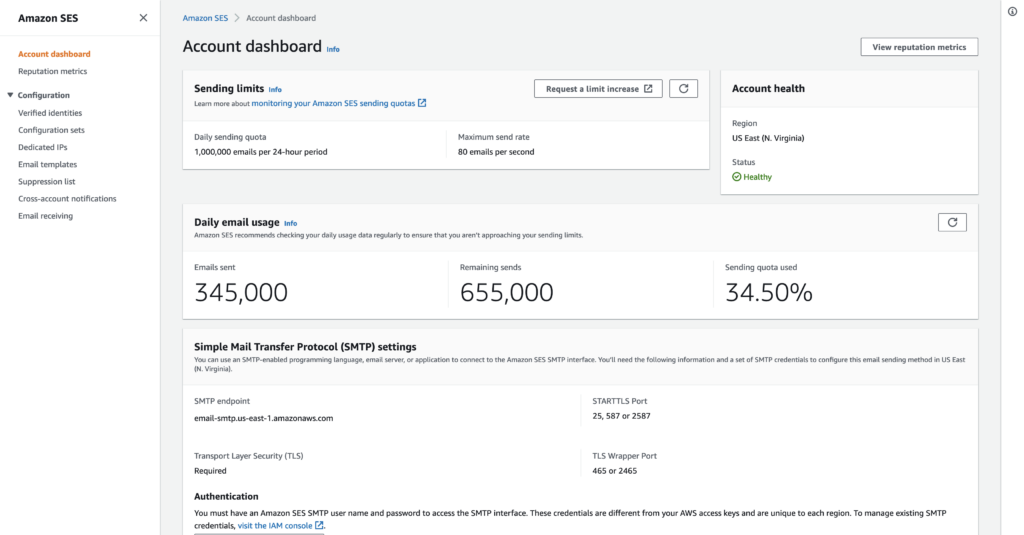 Screenshot of the Amazon SES account dashboard showing daily sending quota, account health and SMTP endpoint settings.