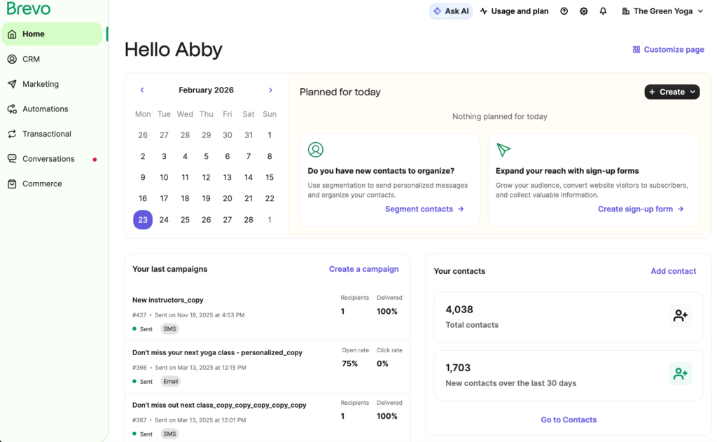 Screenshot of the Brevo home dashboard showing a content calendar, recent campaign results and contact totals.