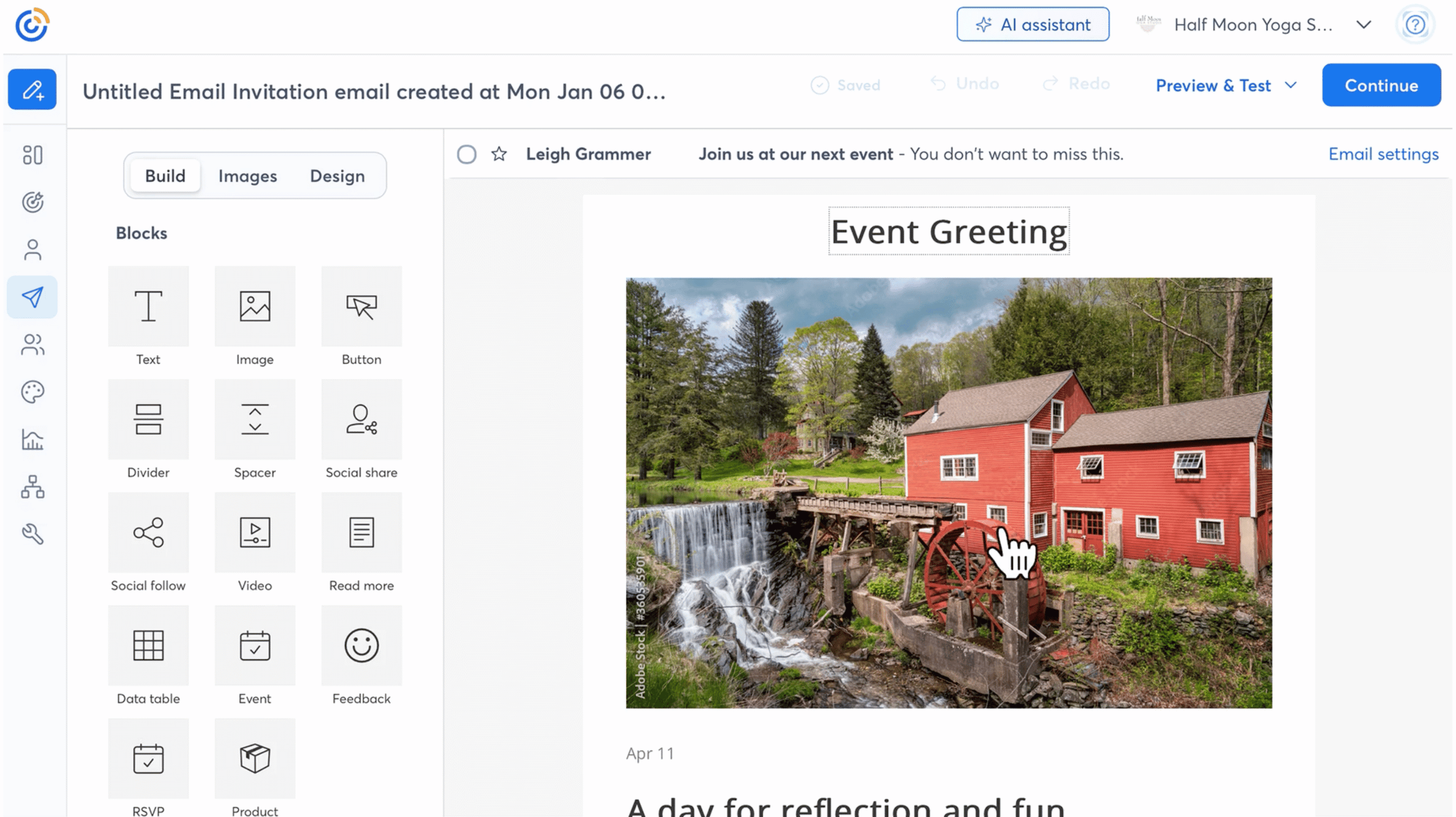 Screenshot of the Constant Contact email editor, showing drag-and-drop content blocks, including event and RSVP blocks, next to an event invitation email being built.