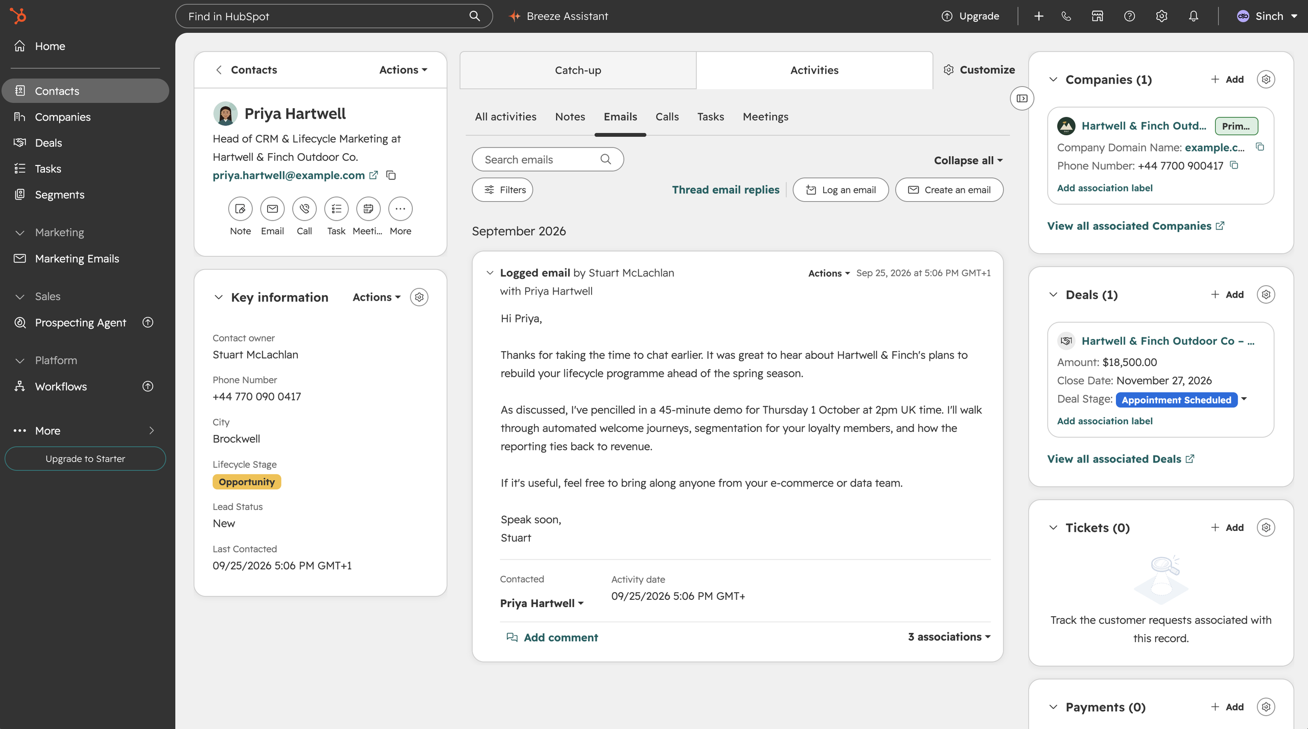 Screenshot of a HubSpot contact record, showing contact details, a logged email in the activity timeline, and associated company and deal panels.