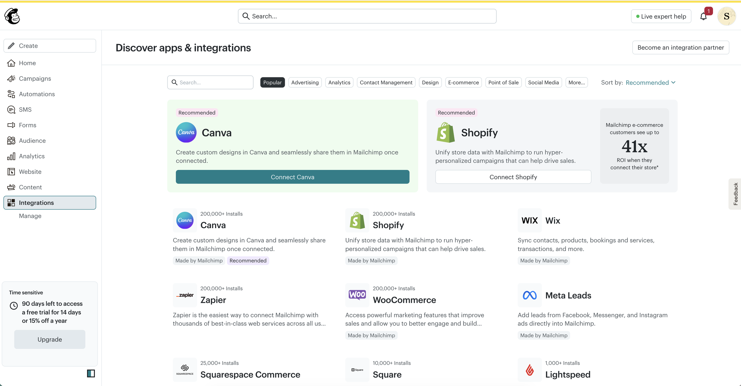 Screenshot of the Mailchimp integrations directory, showing recommended and popular apps including Canva, Shopify, Wix, Zapier, WooCommerce, and Meta Leads.