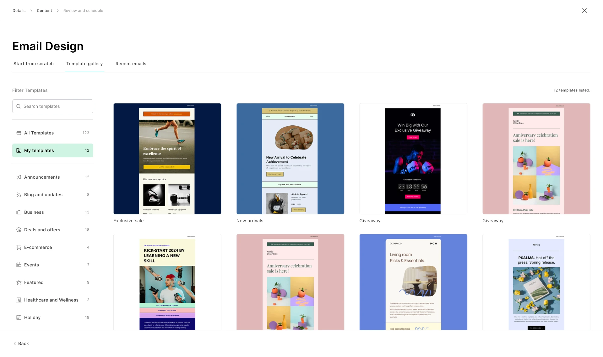 Screenshot of the MailerLite email design screen, showing the template gallery with category filters and newsletter templates for sales, new arrivals, and giveaways.