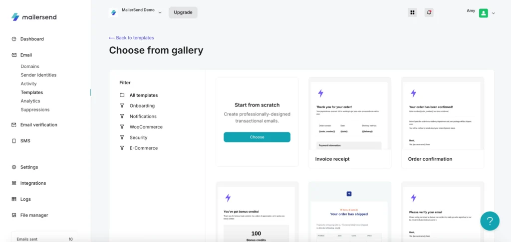 Screenshot of the MailerSend template gallery, showing prebuilt transactional templates for invoice receipts, order confirmations and email verification.