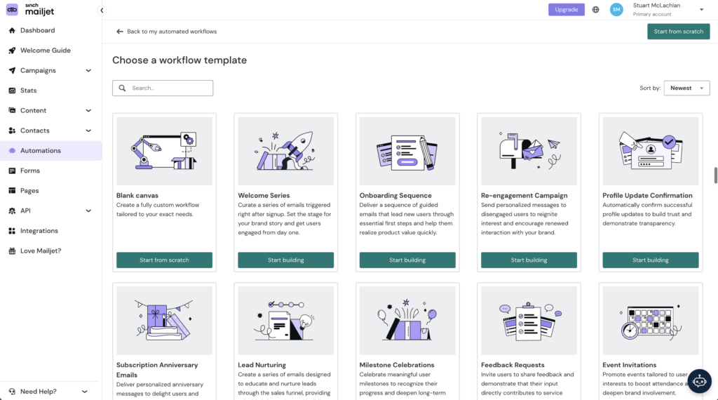 Screenshot of the Mailjet automation template gallery, with prebuilt workflows for welcome series, onboarding sequences and re-engagement campaigns.