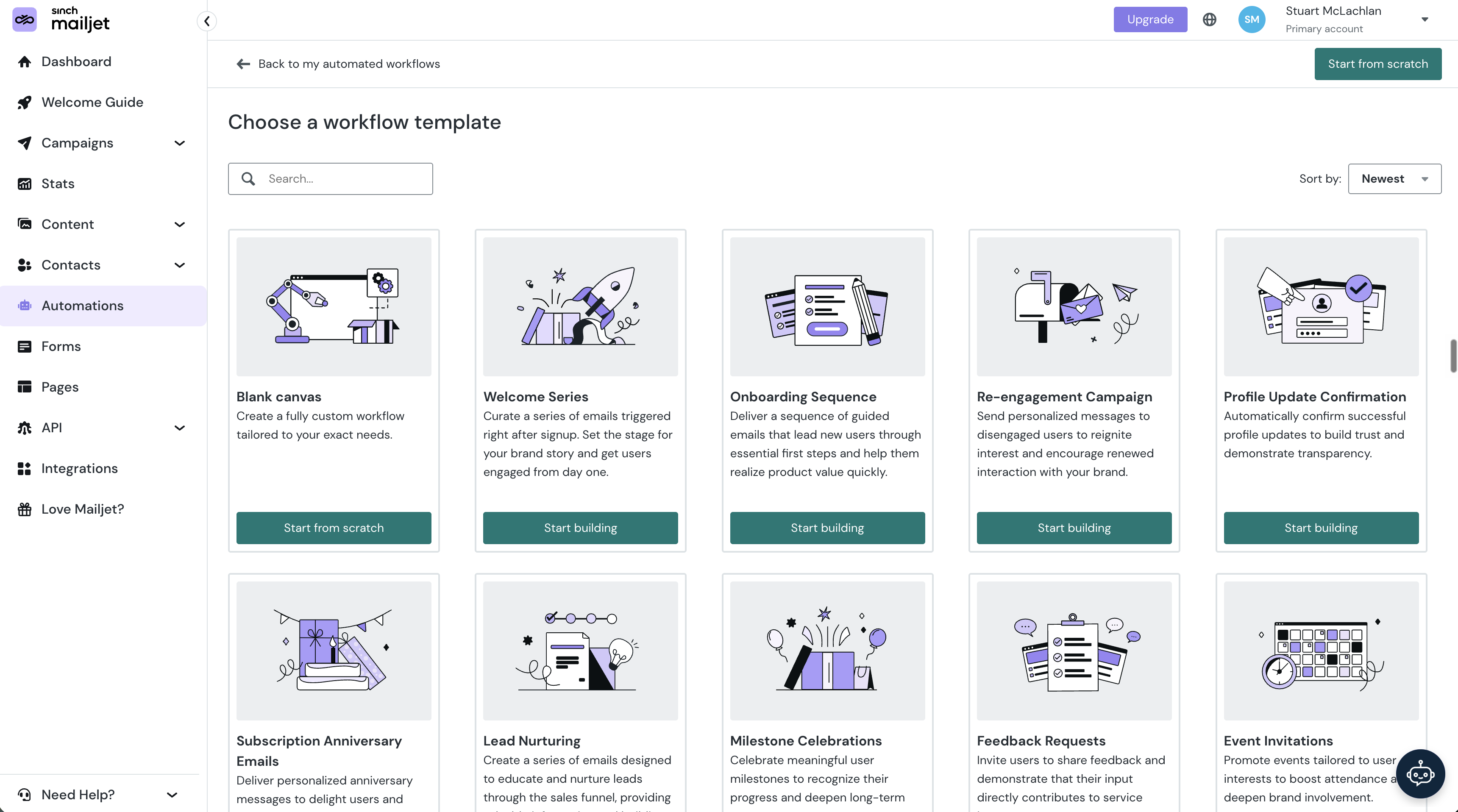 Screenshot of the Mailjet automation template gallery, with prebuilt workflows for welcome series, onboarding sequences, re-engagement campaigns, and event invitations.