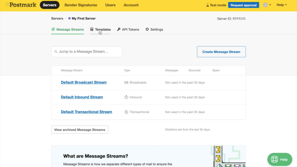 Screenshot of the Postmark interface showing message streams, with separate default streams for broadcast, inbound and transactional email.