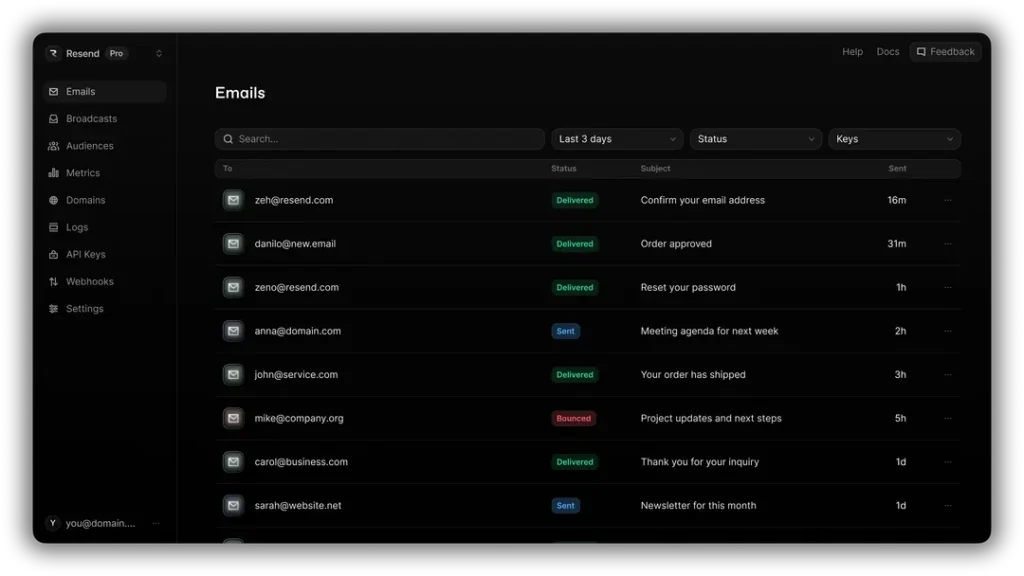 Screenshot of the Resend email activity log, listing sent messages with recipient, delivery status and subject line.