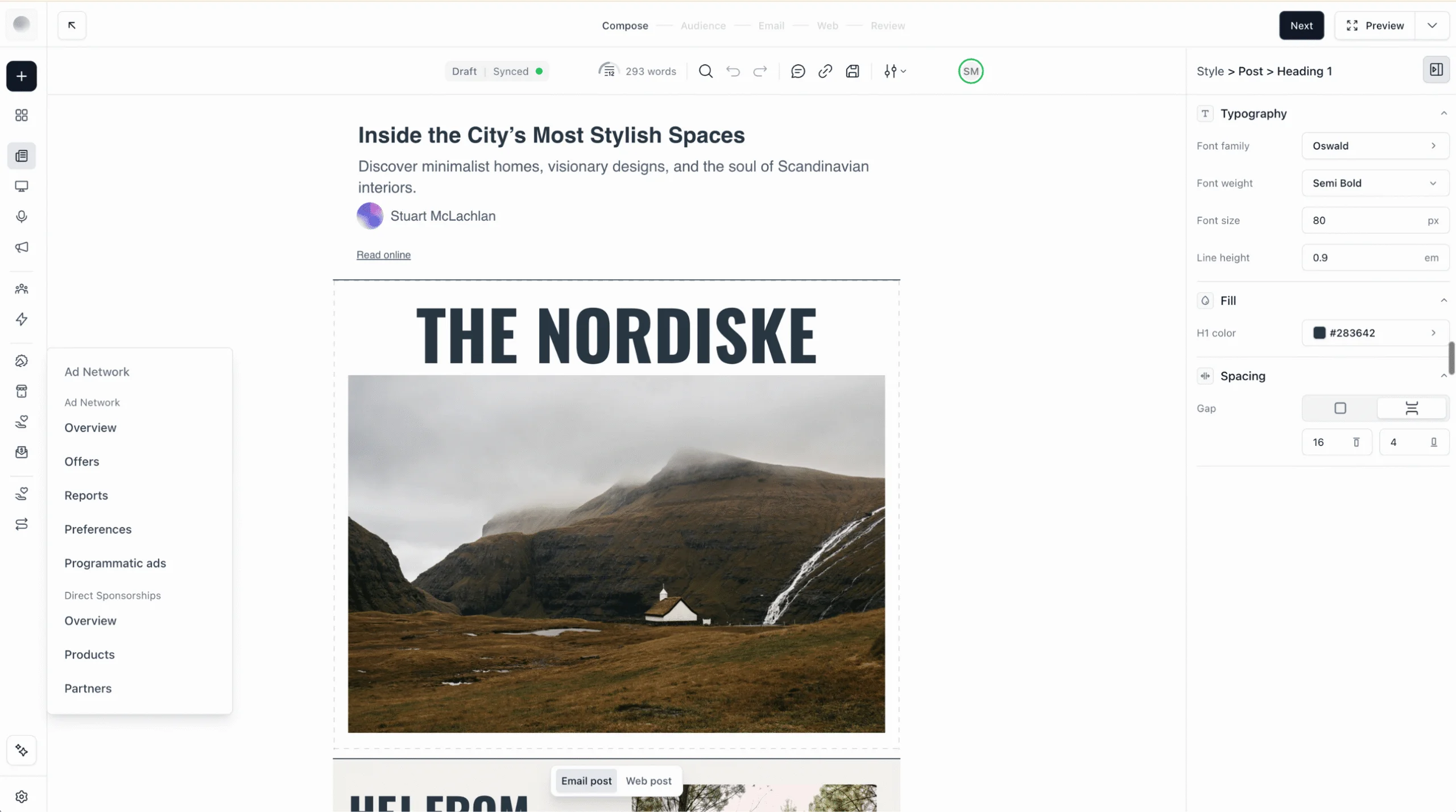 Screenshot of the beehiiv post editor, showing a newsletter post being written, with the Ad Network menu open for offers, programmatic ads, and direct sponsorships, and style settings in the side panel.