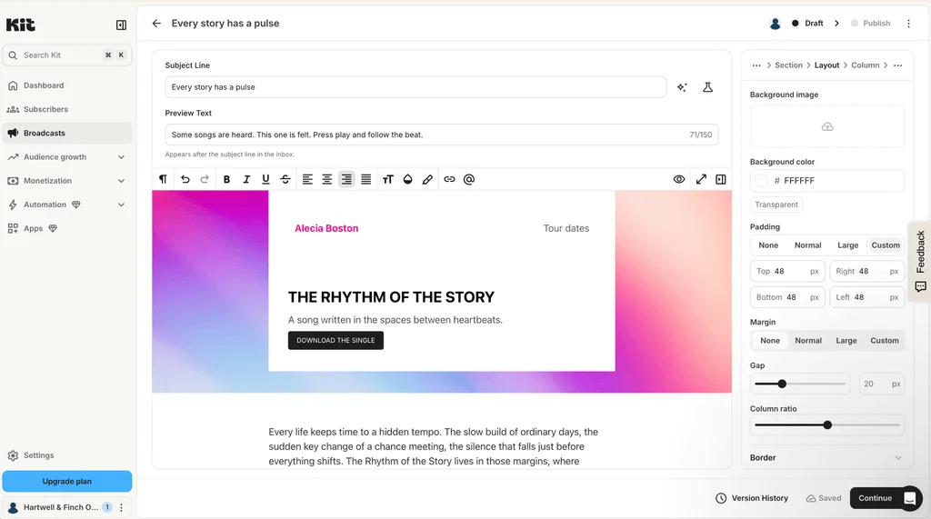 Screenshot of the Kit broadcast editor, showing subject line and preview text fields, a formatting toolbar, and a newsletter email being designed, with background, padding, and margin settings in the side panel.