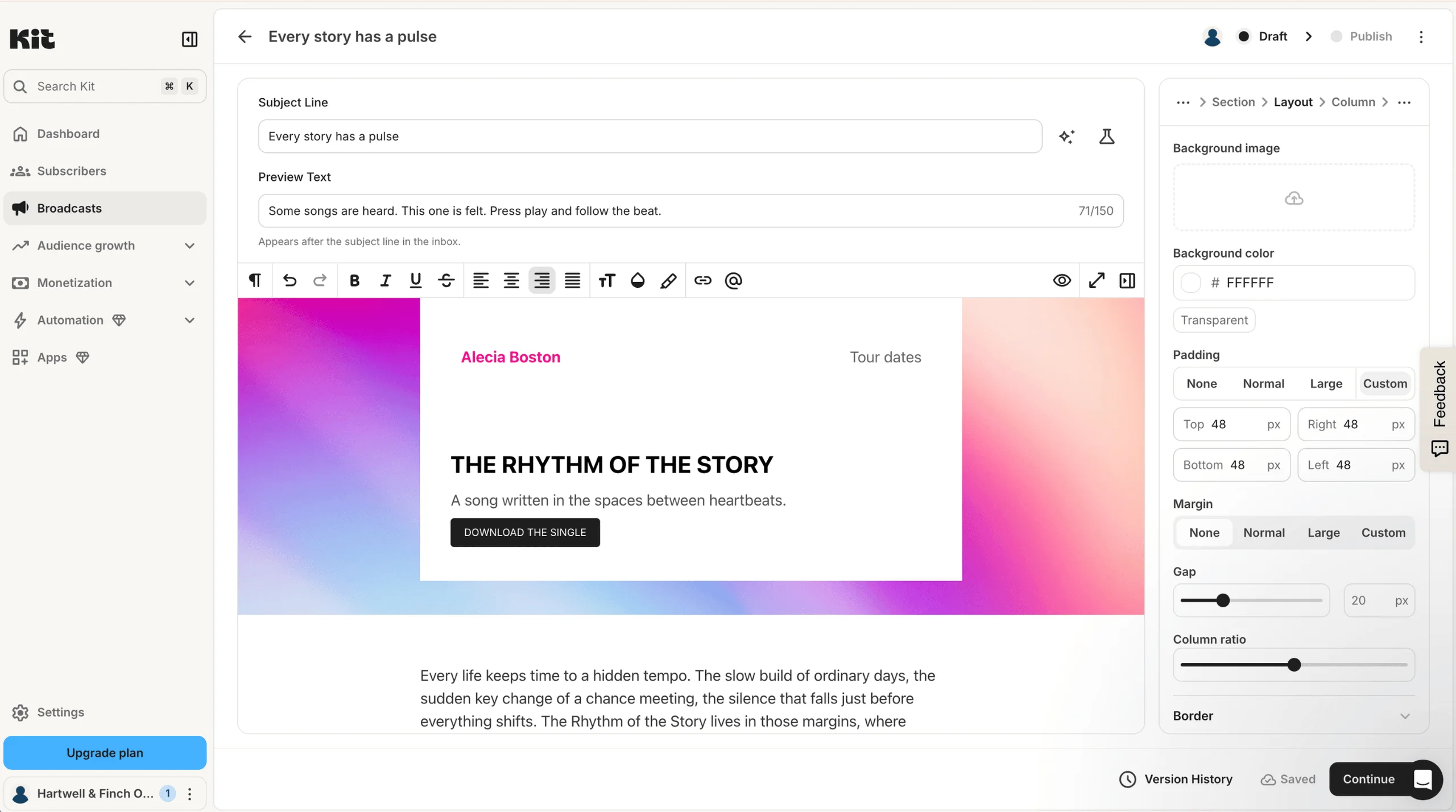 Screenshot of the Kit broadcast editor, showing subject line and preview text fields, a formatting toolbar, and a newsletter email being designed, with background, padding, and margin settings in the side panel.
