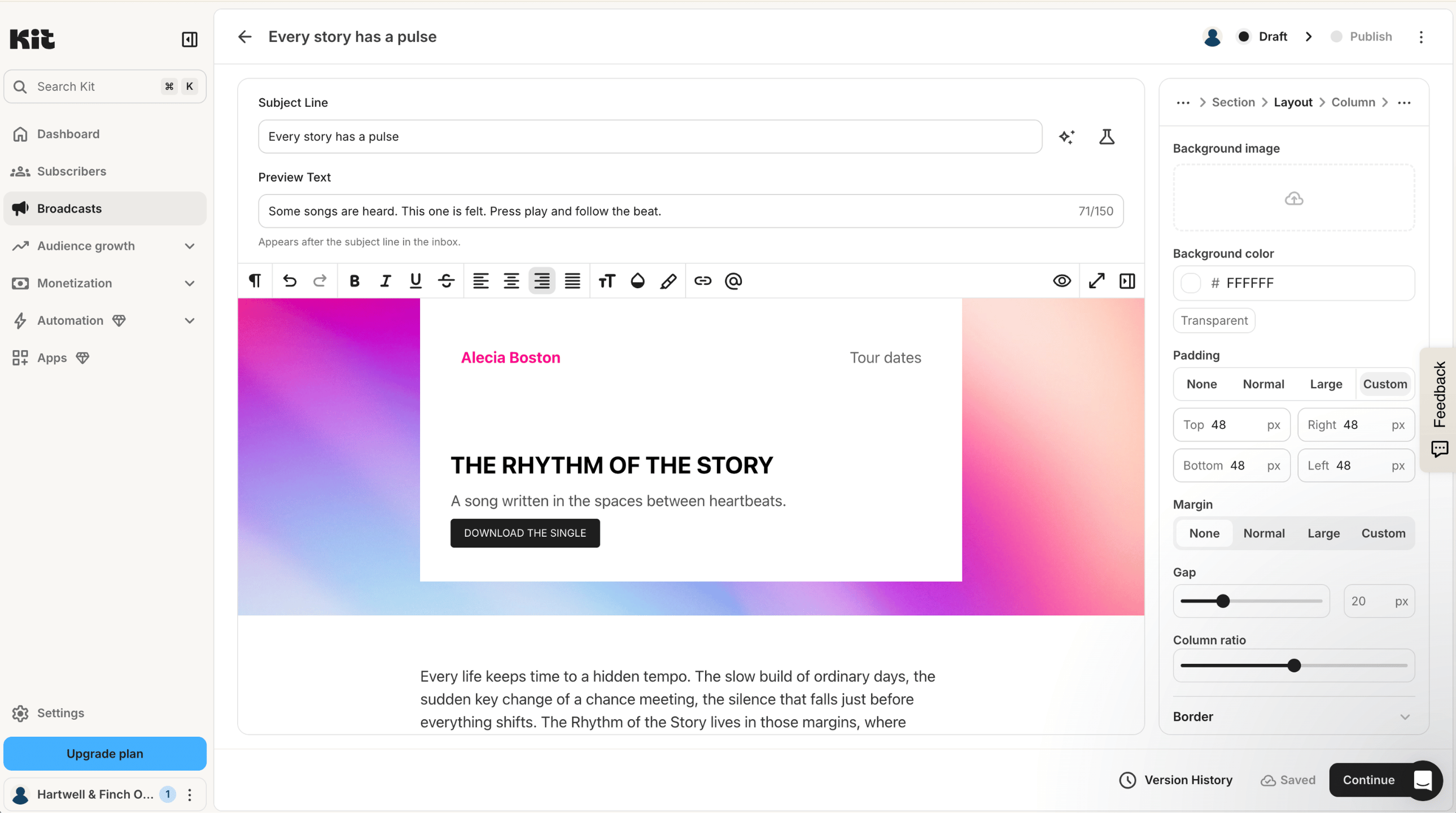 Screenshot of the Kit broadcast editor, showing subject line and preview text fields, a formatting toolbar, and a newsletter email being designed, with background, padding, and margin settings in the side panel.