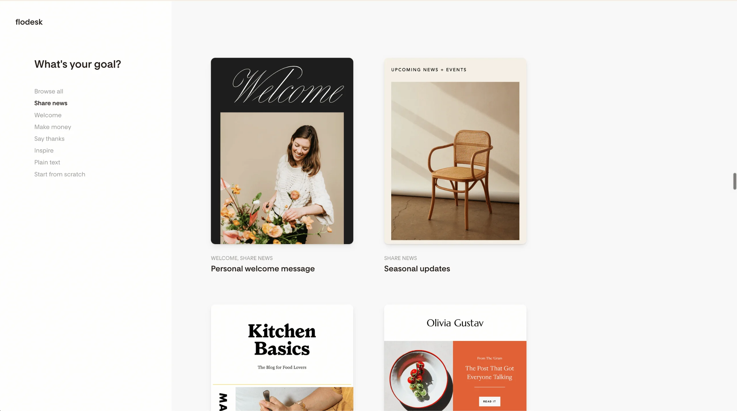 Screenshot of the Flodesk template gallery, showing designer email templates filtered by goal, including a personal welcome message and seasonal updates.